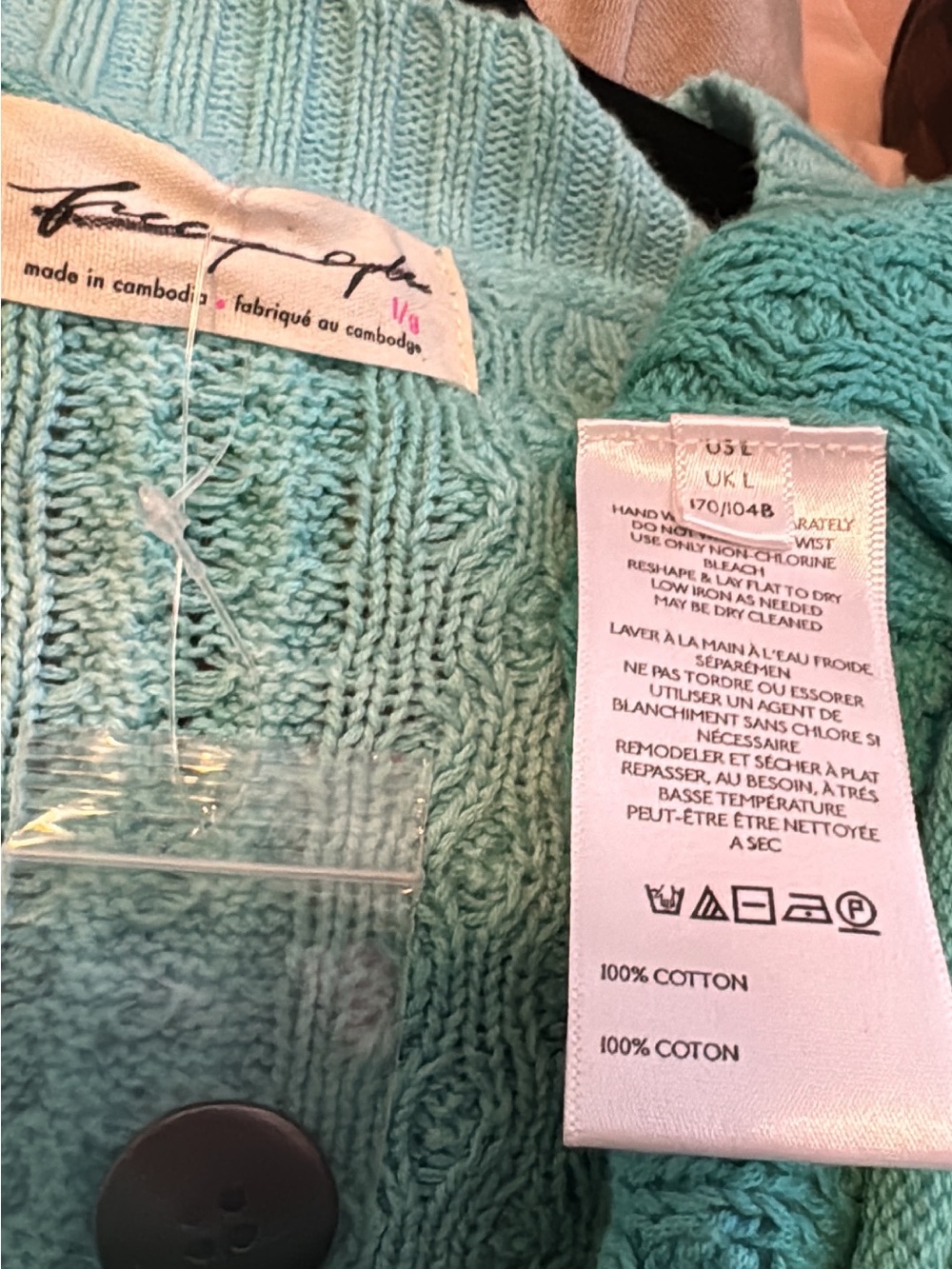 Free People Teal Cable Knit Oversized Cardigan Size L 100% Cotton